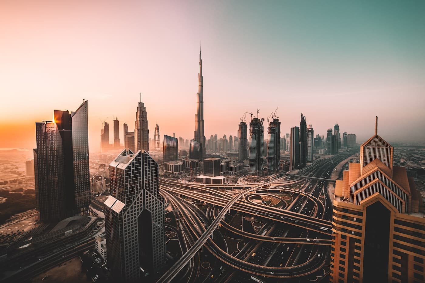 Dubai skyline at sunset with the Burj Khalifa